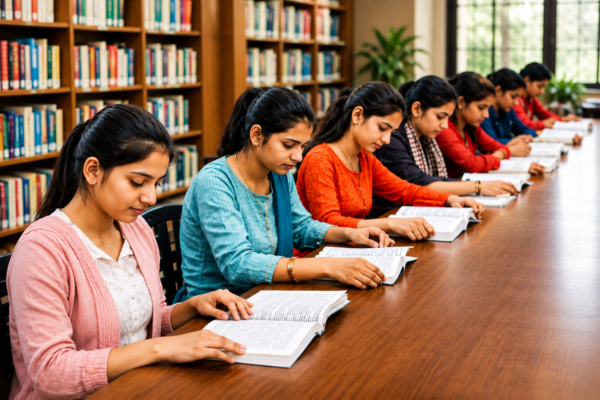 Students studying in college library
